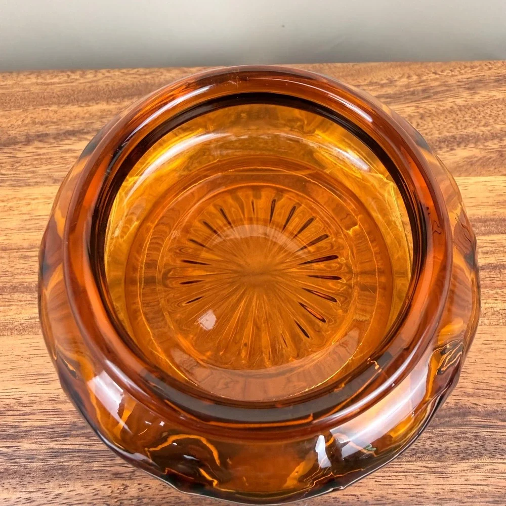 Vintage Amber Glass Powder Jar Base Sunburst Bottom Trinket Dish Honey Gold